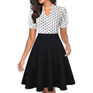 Women White Dot Short Puff Sleeve Flare Semi-Formal Summer Dress With Pockets